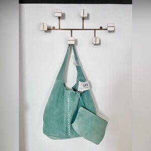 Mint Green Suede Tote Bag with Pouch